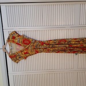 Olivia Matthews Red and Gold Faux Wrap Maxi Dress, Size Large